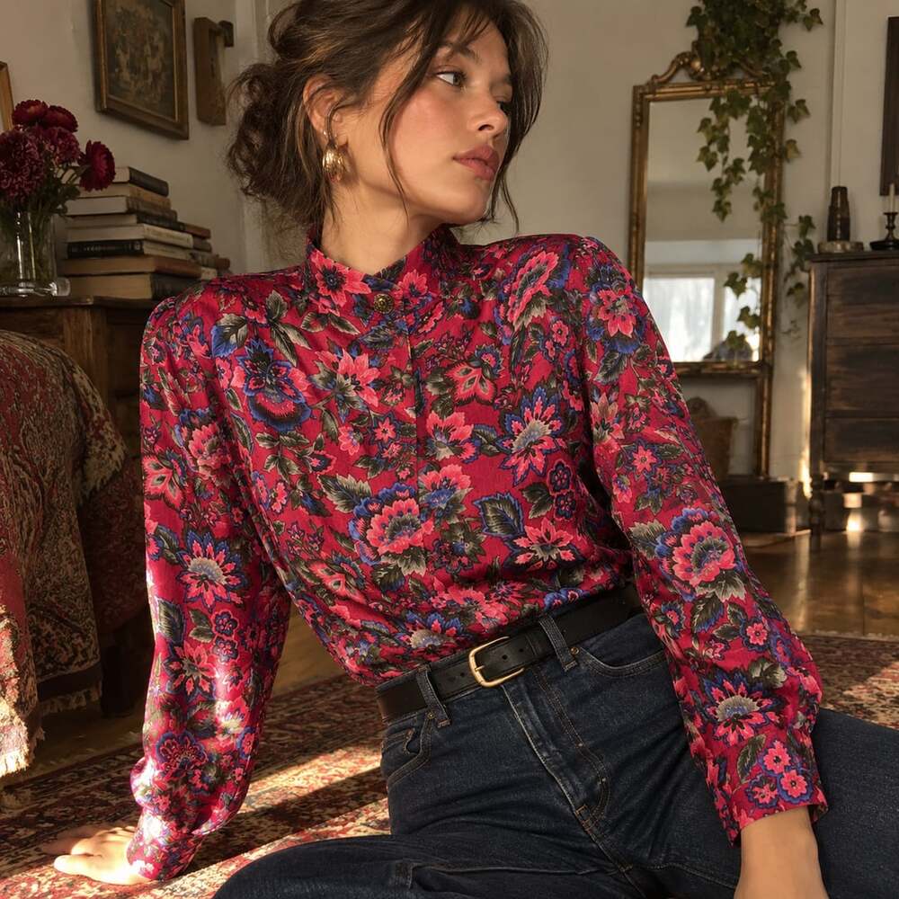 Vintage David Brooks Floral Blouse Made in USA High Neck Romantic Size 4
